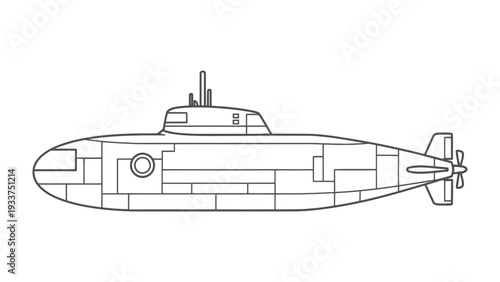 Submarine Illustration: A detailed line drawing of a modern submarine, showcasing its streamlined hull, essential components, and robust design.