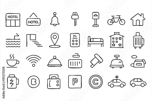 Travel and accommodation line icons for hotel and transport services