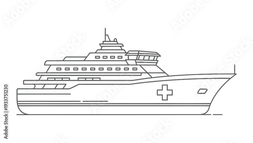 Medical Ship in Service: An image of a hospital ship, rendered in a simple yet elegant line drawing, serves as a symbol of maritime healthcare and humanitarian aid. It represents hope, healing.
