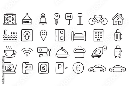 Hotel travel and hospitality outline icon set for tourism and booking apps