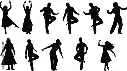 Dancing people silhouettes vector illustration set, men and women in dynamic dance poses isolated on white background party collection