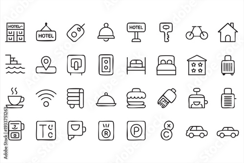 Tourism and travel outline icons for booking and mobility interfaces