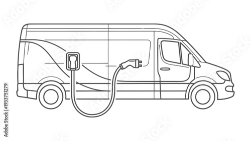 Charging Electric Vehicle: A detailed line drawing shows an electric van connected to a charging station, representing the future of transportation and environmental consciousness. 