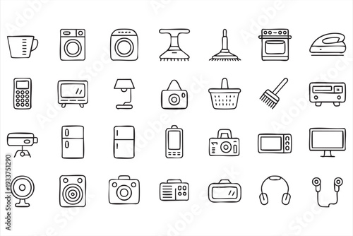 Minimalist line icon set of household appliances and electronics for modern UI design