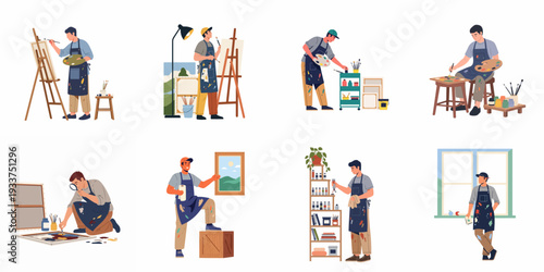 Diverse Male Artists Engaged in Creative Painting Activities, Showcasing Different Stages of Art Creation with Various Tools and Supplies.