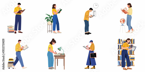 Diverse people learning, studying, and managing tasks through reading, writing, and organizing documents in various settings.