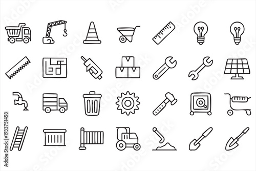 Construction and industrial tools line icon set for engineering and building projects