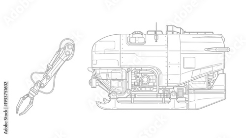 Underwater Robot Exploration: A detailed line drawing showcases the intricate design of a cutting-edge underwater robot and its manipulator arm, ready for oceanic exploration.