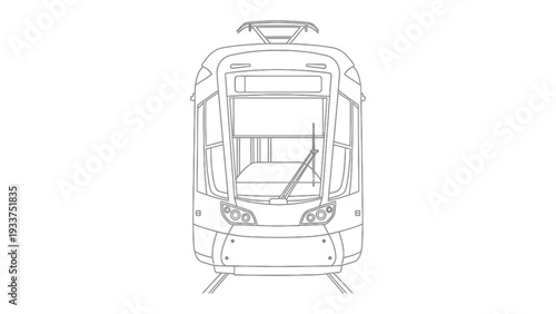 Urban Transport Silhouette: A clean, sleek silhouette of a modern tram car, captured front-on, poised on rails, symbolizing urban transit and modern city life.
