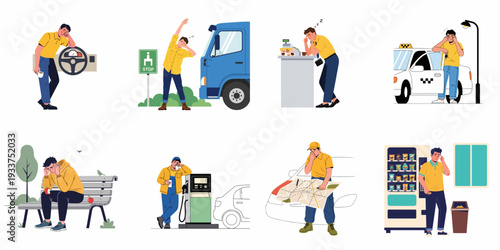 Diverse illustrations showcasing men experiencing fatigue, exhaustion, and stress across various occupations and daily life situations, highlighting modern struggles.