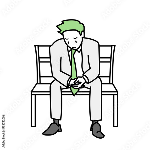 公園のベンチに座り深くうなだれて落ち込むビジネスマン｜仕事の悩みや将来への不安を抱え一人で悩むスーツの男性イラスト
