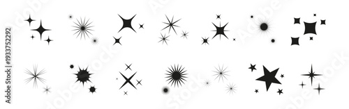 Set of icon blinking star, glitter, sparkle and sun. Abstract shape explosion, glow blink effects for celebrate party design. Twinkle shiny and flash graphic elements. Isolated vector illustrations.