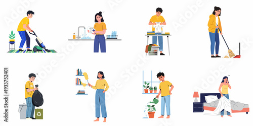 People reluctantly performing various daily household chores, illustrating the common frustrations and fatigue associated with home maintenance and domestic duties.