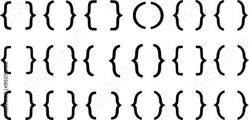 Repeating pattern of black curly braces with a single broken circle element on a clean white background, creating an abstract typographic design.