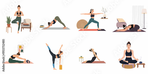Diverse women practicing yoga and meditation at home, showcasing various poses for well-being, mindfulness, and a healthy lifestyle in a modern, flat illustration style.