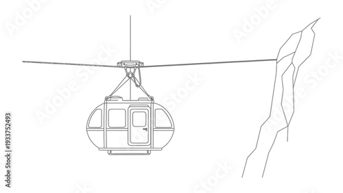 Cable Car Ascent: A modern cable car ascends towards a rocky mountain, its design a fusion of form and function against a stark landscape.
