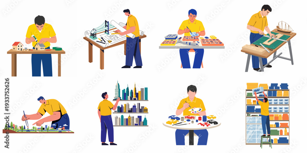 Fototapeta premium Diverse people crafting architectural models, miniature landscapes, and hobby kits, illustrating creative hands-on projects and design activities.