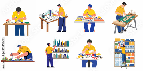 Diverse people crafting architectural models, miniature landscapes, and hobby kits, illustrating creative hands-on projects and design activities.