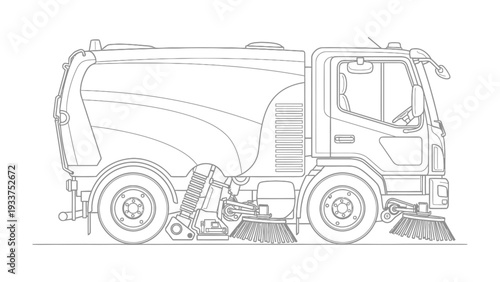 Street Sweeper in Detailed: A detailed black and white illustration of a modern street sweeper, highlighting the design and mechanics of the vehicle
