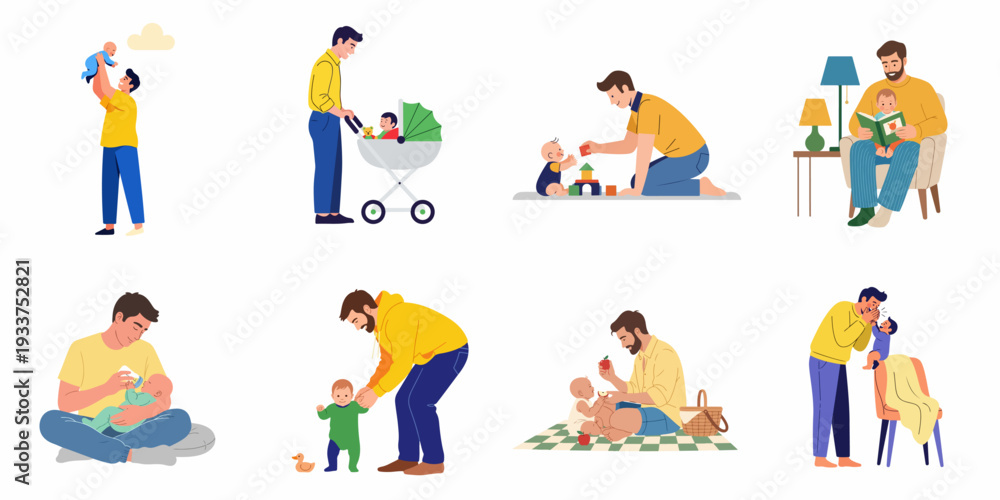 Fototapeta premium Modern fathers actively involved in raising their children, performing various parenting tasks like playing, feeding, reading, and first steps with joy.