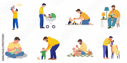 Modern fathers actively involved in raising their children, performing various parenting tasks like playing, feeding, reading, and first steps with joy.
