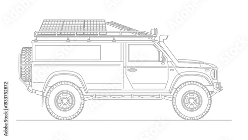 Adventure Ready 4x4: A meticulously detailed line drawing showcases a rugged, off-road vehicle equipped for the ultimate expedition, emphasizing its robust design and adventurous spirit.