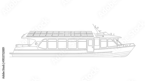 Solar-Powered Ferry in Monochrome: A detailed, monochromatic illustration showcases a modern ferryboat, highlighting its sleek design and the solar panels on its roof.