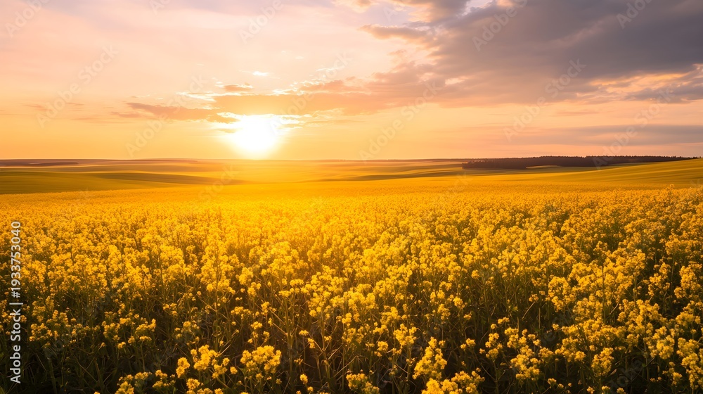 Fototapeta premium Golden canola field at sunset with dramatic clouds