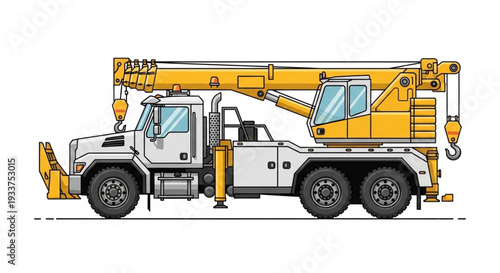 Yellow mobile crane truck for construction and heavy lifting.