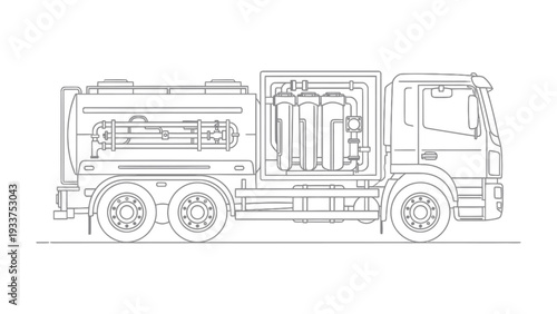 Industrial Tanker Truck: A detailed illustration of an industrial tanker truck, designed for transporting bulk liquids. Emphasizing its robust construction.