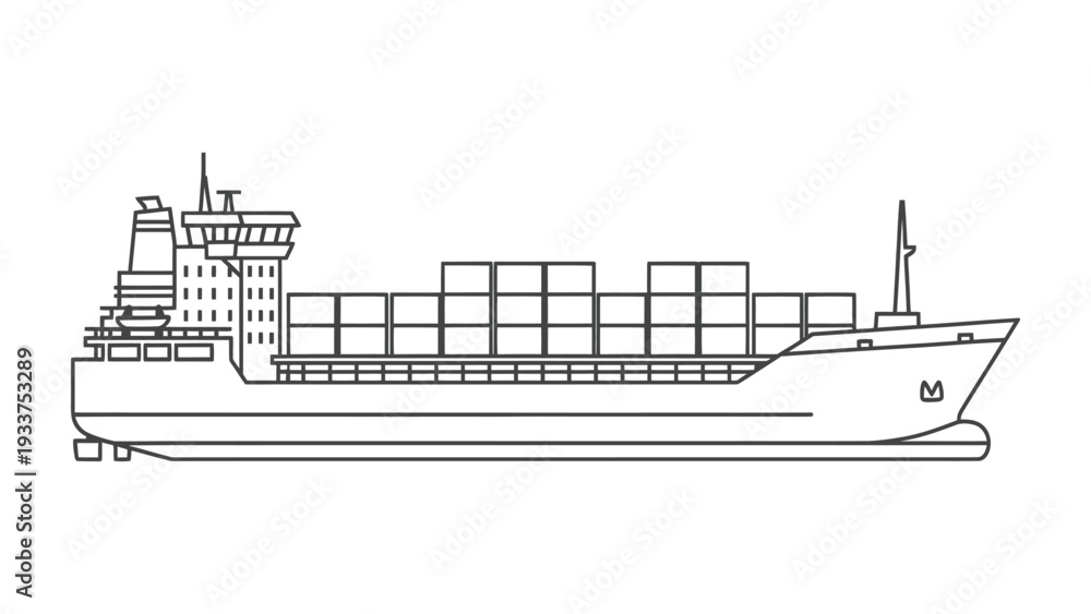 Obraz premium Cargo Ship at Sea: A stylized cargo ship glides across the water, carrying a multitude of shipping containers. It symbolizes the global trade and transportation. 