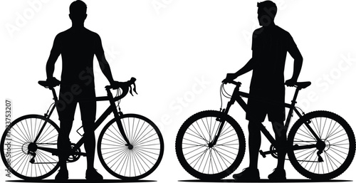 Man with bicycle silhouette set, front and back view cyclist standing isolated black vector illustration collection