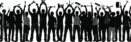 Crowd of Diverse Industrial Workers and Tradespeople Silhouettes Raising Hand Tools and Maintenance Equipment for Labor Unity Success and Professional Teamwork Projects