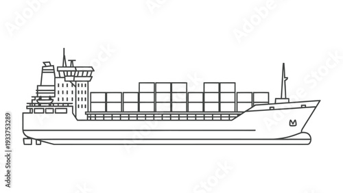 Cargo Ship at Sea: A stylized cargo ship glides across the water, carrying a multitude of shipping containers. It symbolizes the global trade and transportation. 