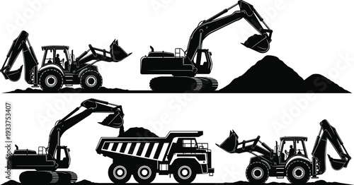 Construction heavy machinery silhouette set featuring excavators, dump trucks, and backhoe loaders working on industrial building site for engineering project development