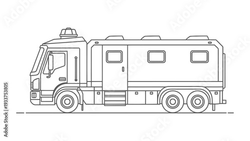 Emergency Transport: A detailed line drawing of a specialized emergency transport vehicle. Showing side profile and functional design, essential for disaster response or secure transport.