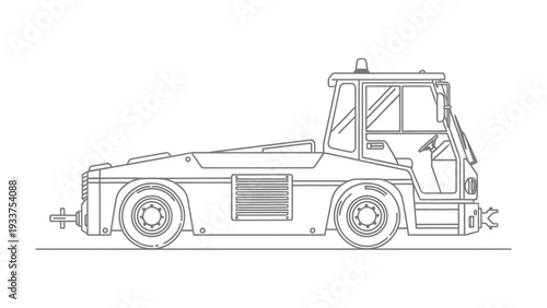 Aircraft Towing Tractor Outline: A detailed line drawing of an aircraft towing tractor, meticulously illustrating its robust structure and operational design, ready to move massive transport vehicles.