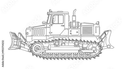 Bulldozer Outline: A detailed line drawing of a powerful bulldozer, showcasing its robust build and essential components, set against a pristine backdrop.