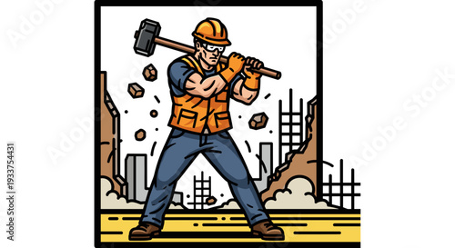 Construction Worker Demolishing with Sledgehammer.