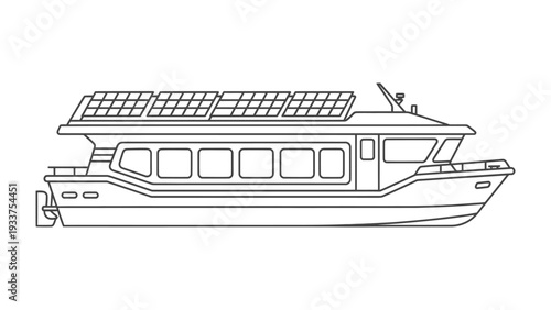 Solar-Powered Vessel: A detailed illustration captures a modern, eco-friendly boat, powered by solar panels, promoting sustainable travel and marine technology.