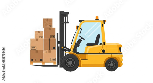Yellow Forklift Truck with Cardboard Boxes.