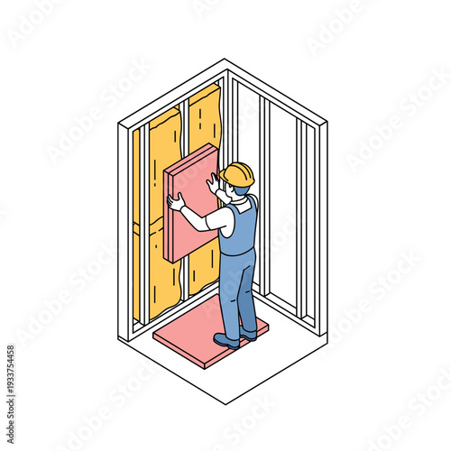 Construction Worker Installing Drywall Panel.