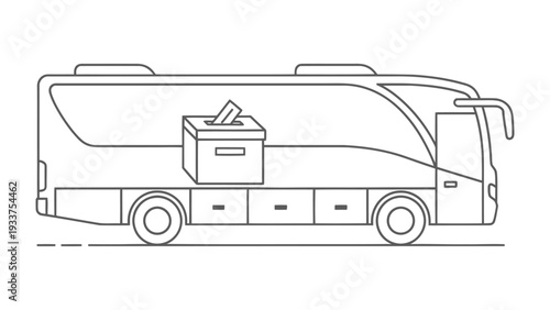 Voting on Wheels: A streamlined bus carries a ballot box, symbolizing the democratic process in motion, ready to transport votes.