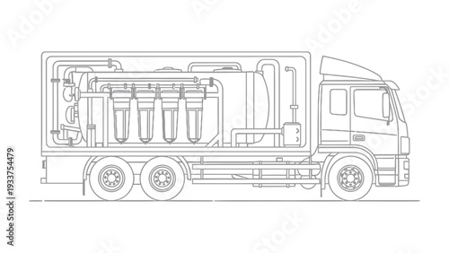Water purification vehicle structure: A detailed cutaway view showcasing the intricate internal structure of a mobile water purification vehicle, revealing its complex components and process flow.