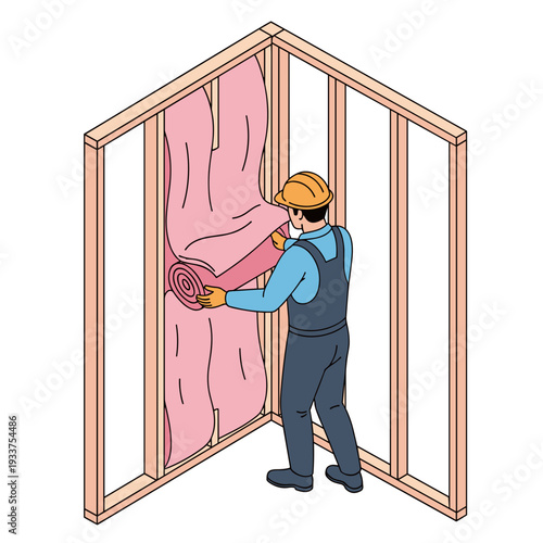 Construction Worker Installing Insulation in Wall.