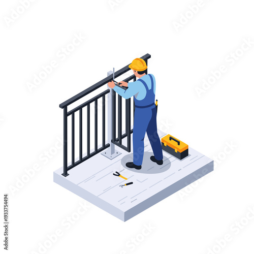 Construction Worker Installing Metal Railing.