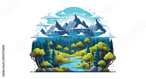 Illustration of a serene mountain landscape with a river, trees, and many people in the distance, set against a backdrop of blue skies and white clouds.