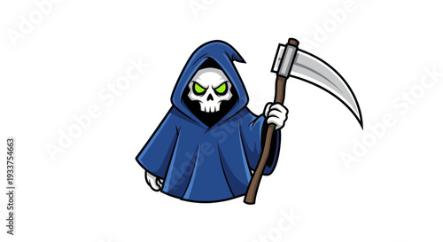 Grim Reaper Character with Scythe, Spooky Halloween Cartoon