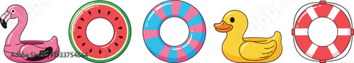 Inflatable pool float collection featuring flamingo, watermelon ring, striped swim tube, rubber duck and lifebuoy, colorful summer vacation vector illustration isolated on white background