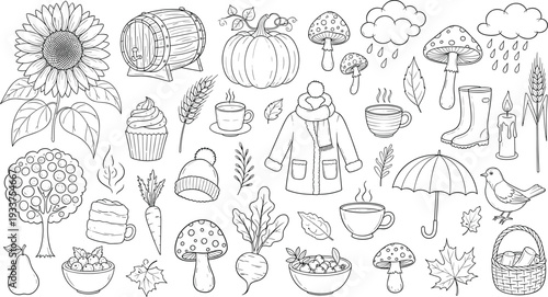 Hand-Drawn Autumn Harvest Doodle Set Featuring Pumpkins Sunflowers Winter Apparel and Mushrooms
